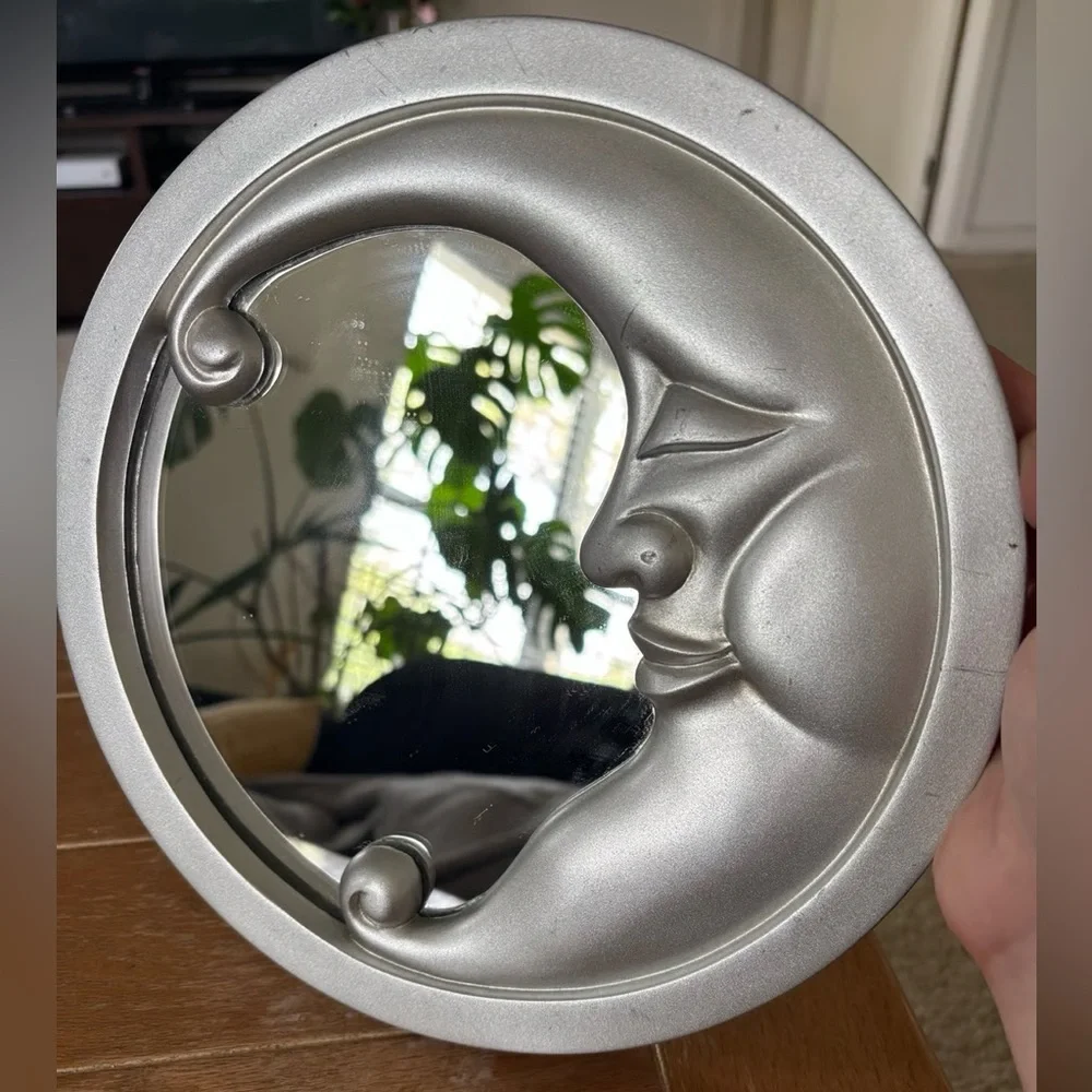 Vintage Retro 90s Y2K Silver Circle Crescent Moon Wall Accent Celestial Mirror